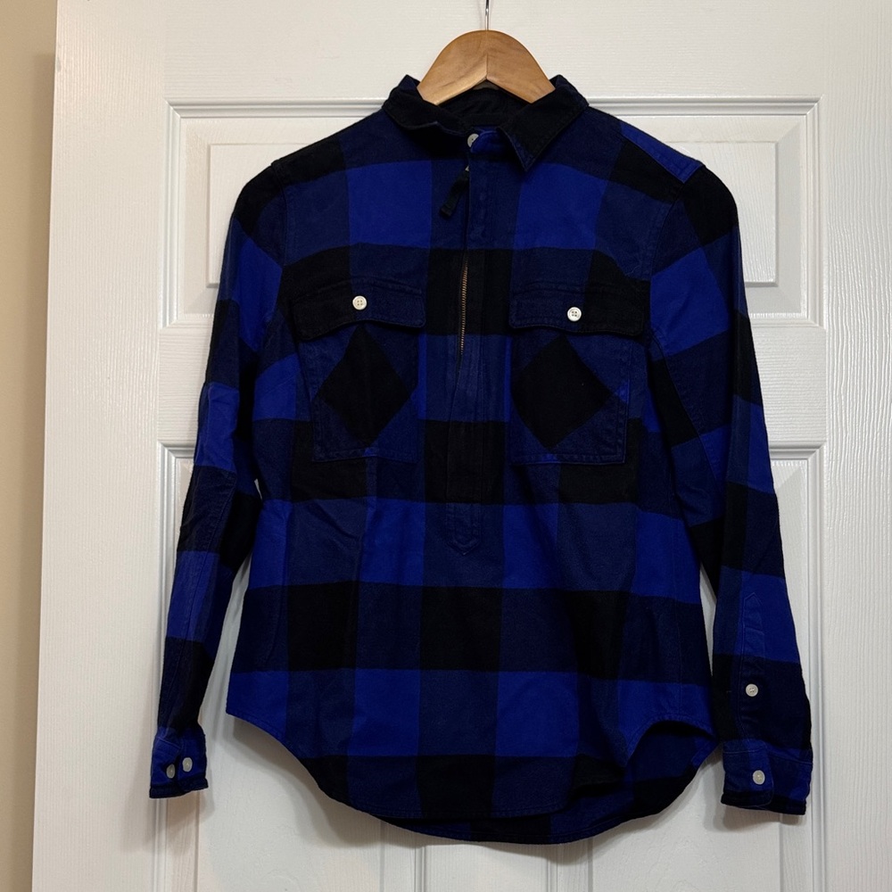 J. Crew Women’s Blue and Black Plaid Zip-Up Shirt